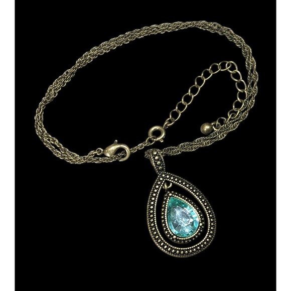 Whimsical Teardrop Blue Gemmed Gold Tone Pendant Necklace - Picture 1 of 7